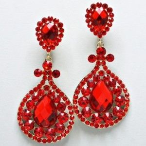 Red Crystal Dangle Formal Clip-on Earrings